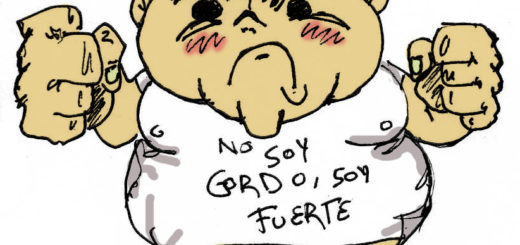 Ilustração de homem obeso, com feição brava, mãos em posição de briga, vestindo camiseta branca com dizeres em espanhol "não sou gordo, sou forte"