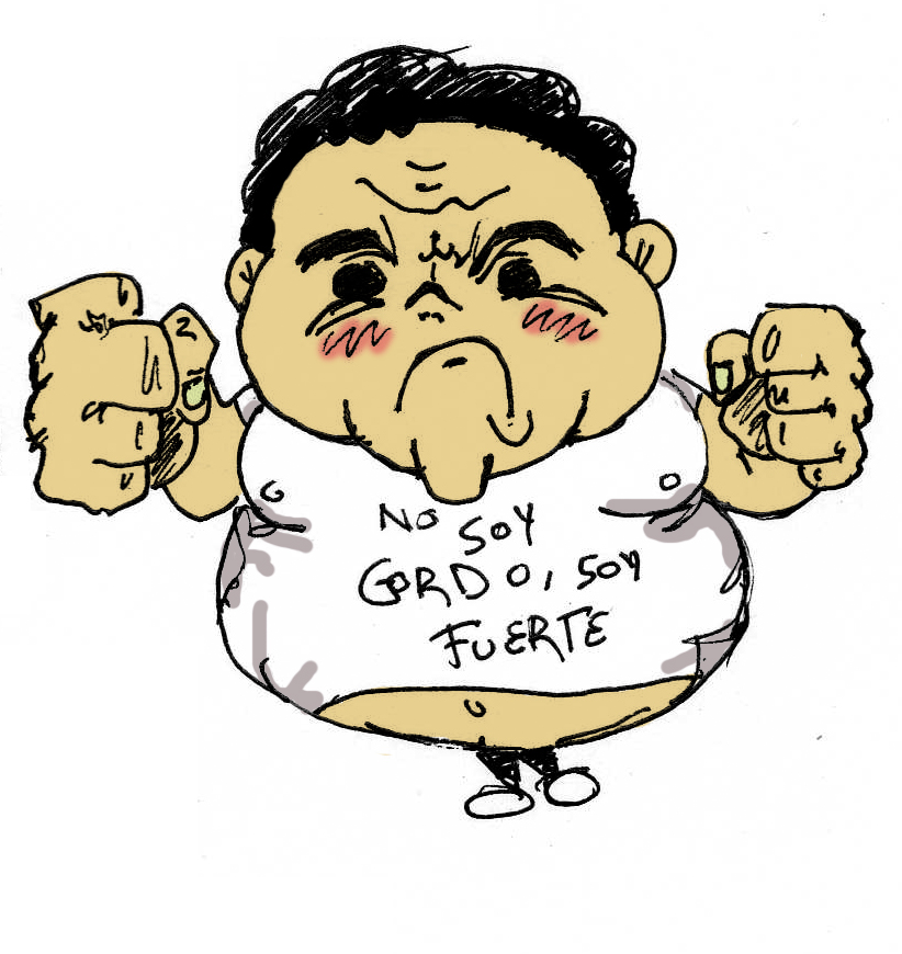 Ilustração de homem obeso, com feição brava, mãos em posição de briga, vestindo camiseta branca com dizeres em espanhol "não sou gordo, sou forte"